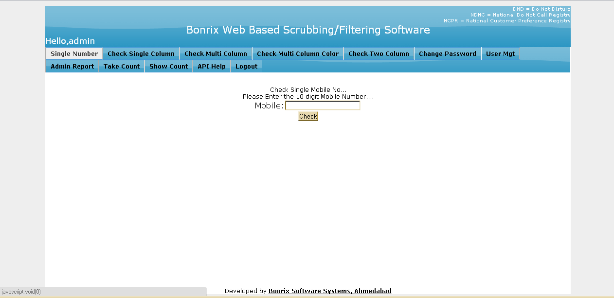 Admin home page